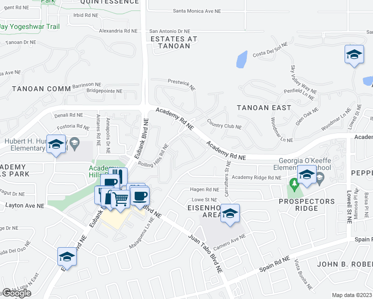 map of restaurants, bars, coffee shops, grocery stores, and more near 10700 Academy Road Northeast in Albuquerque