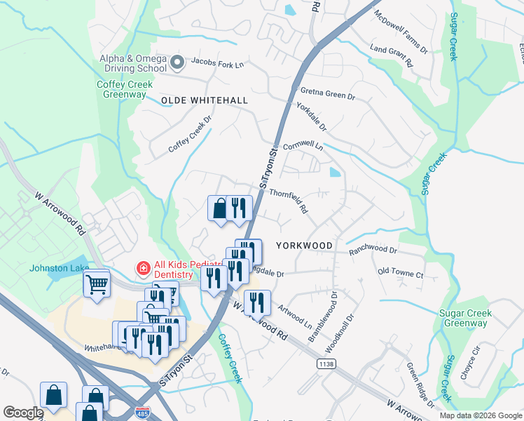 map of restaurants, bars, coffee shops, grocery stores, and more near 2224 Yorkhills Drive in Charlotte