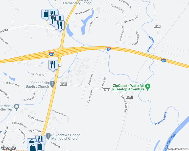 map of restaurants, bars, coffee shops, grocery stores, and more near 7030 Zepher Road in Fayetteville