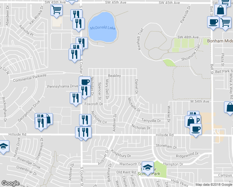 map of restaurants, bars, coffee shops, grocery stores, and more near 5723 Foxcroft Drive in Amarillo