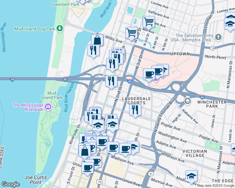 map of restaurants, bars, coffee shops, grocery stores, and more near 85 North 4th Street in Memphis