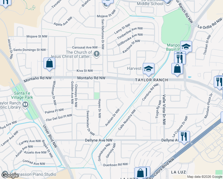 map of restaurants, bars, coffee shops, grocery stores, and more near 5704 Flor Del Rey Northwest in Albuquerque