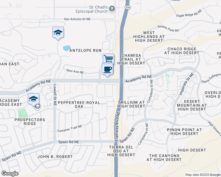 map of restaurants, bars, coffee shops, grocery stores, and more near 12200 Academy Road Northeast in Albuquerque