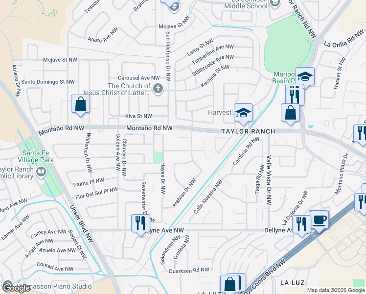 map of restaurants, bars, coffee shops, grocery stores, and more near 5704 Flor Del Rey Northwest in Albuquerque