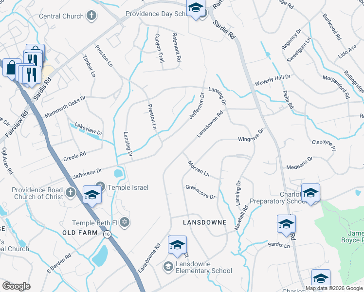 map of restaurants, bars, coffee shops, grocery stores, and more near 427 Lansdowne Road in Charlotte
