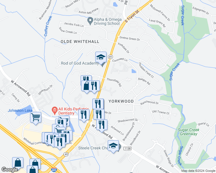 map of restaurants, bars, coffee shops, grocery stores, and more near 2218 Yorkhills Drive in Charlotte