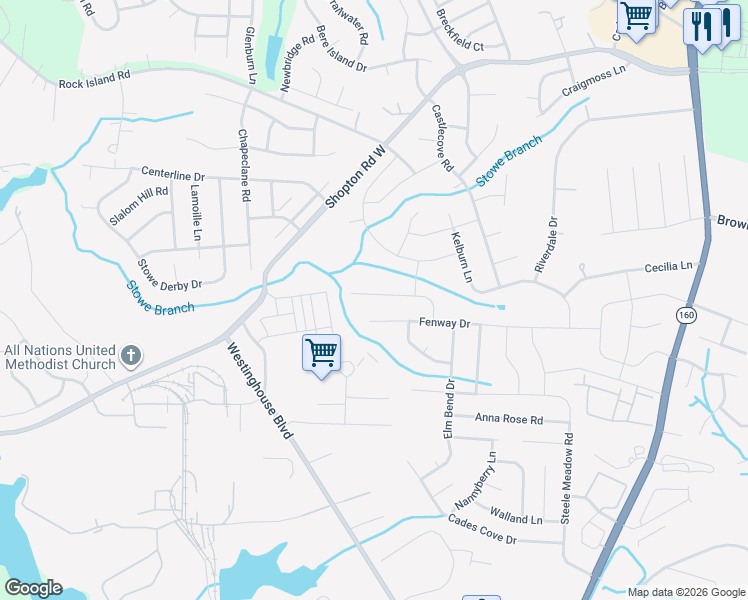 map of restaurants, bars, coffee shops, grocery stores, and more near 5403 Fenway Drive in Charlotte