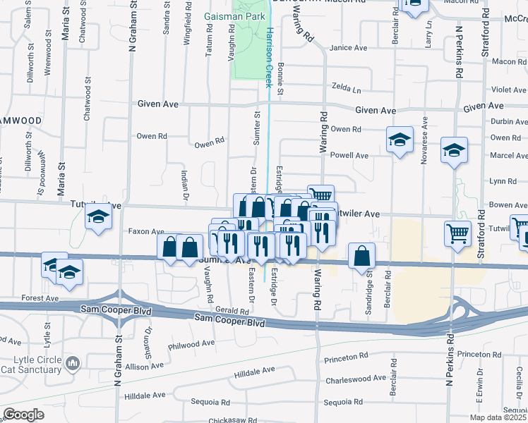 map of restaurants, bars, coffee shops, grocery stores, and more near 4265 Tutwiler Avenue in Memphis