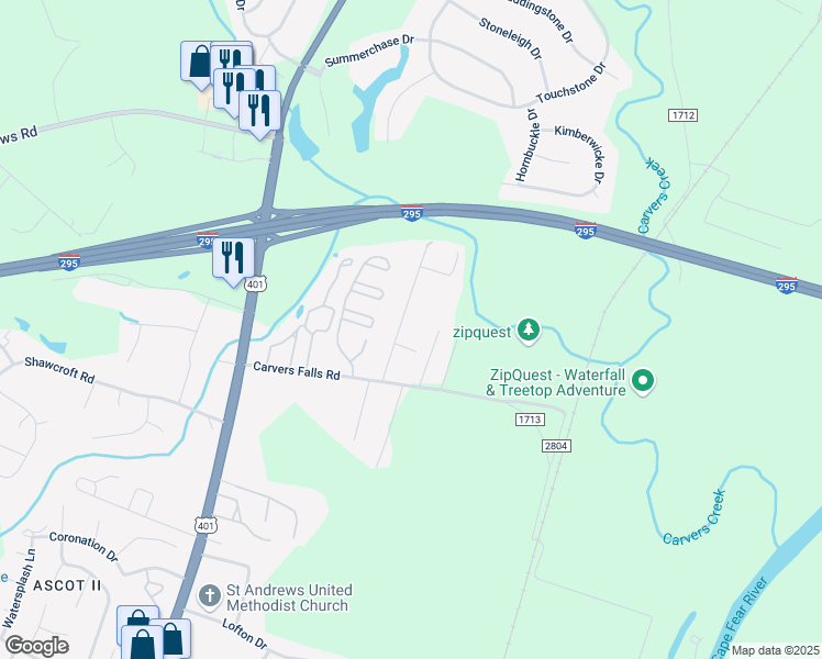 map of restaurants, bars, coffee shops, grocery stores, and more near 7030 Zepher Road in Fayetteville