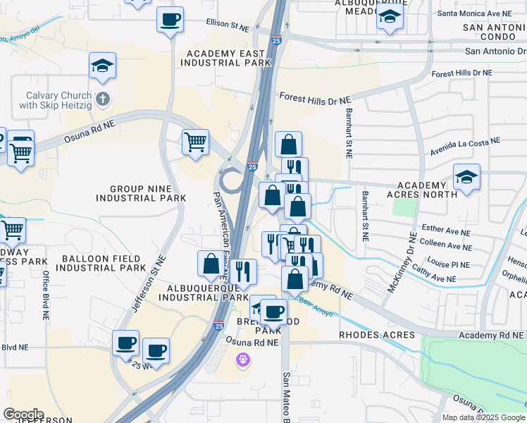 map of restaurants, bars, coffee shops, grocery stores, and more near 6821 San Mateo Boulevard Northeast in Albuquerque