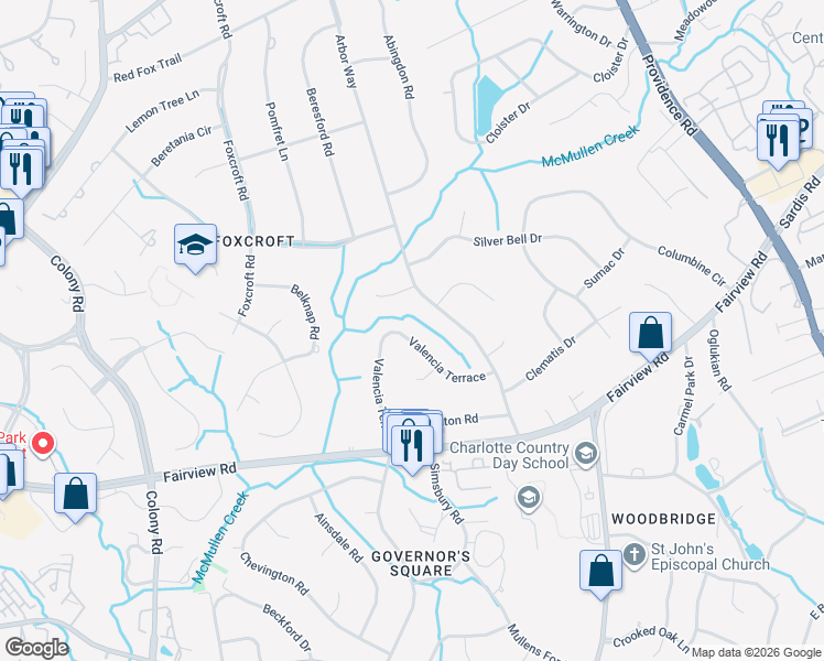 map of restaurants, bars, coffee shops, grocery stores, and more near 3100 Valencia Terrace in Charlotte