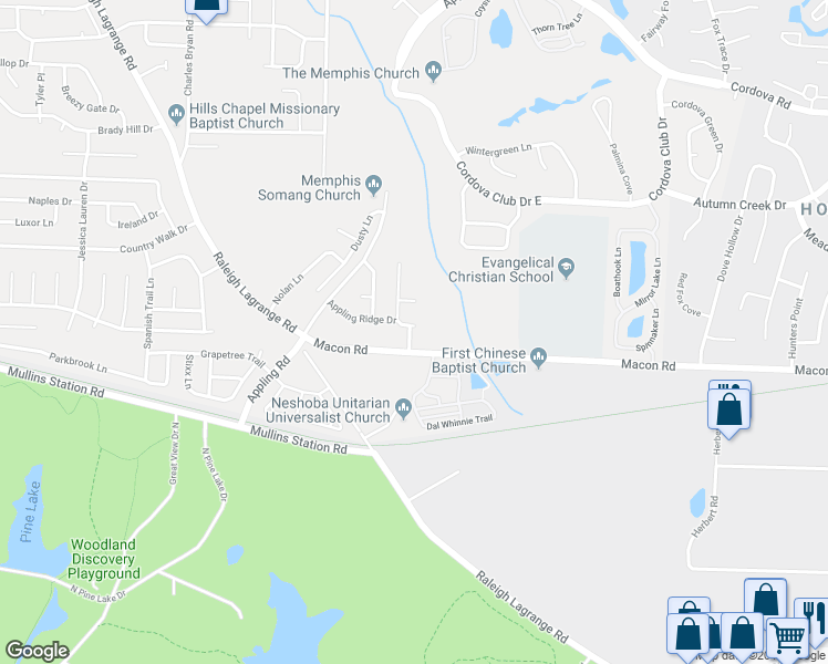 map of restaurants, bars, coffee shops, grocery stores, and more near 7409 Brentridge Drive in Shelby County