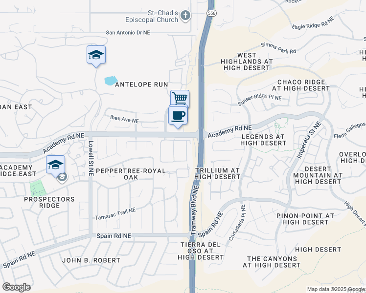 map of restaurants, bars, coffee shops, grocery stores, and more near 12200 Academy Road Northeast in Albuquerque