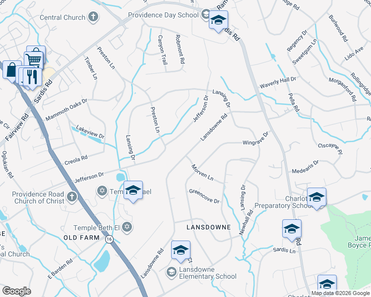 map of restaurants, bars, coffee shops, grocery stores, and more near 427 Lansdowne Road in Charlotte