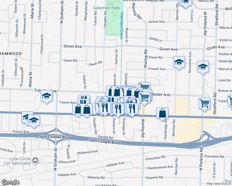 map of restaurants, bars, coffee shops, grocery stores, and more near 4199 Tutwiler Avenue in Memphis