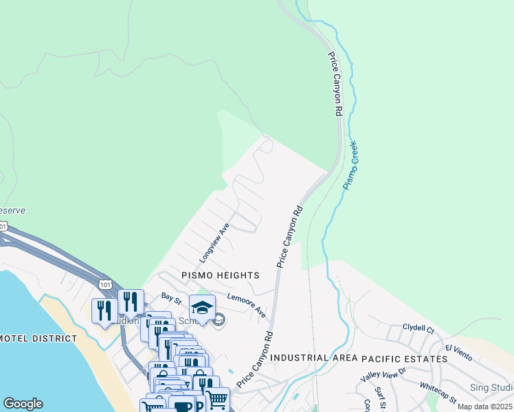 map of restaurants, bars, coffee shops, grocery stores, and more near 848 Delano Street in Pismo Beach