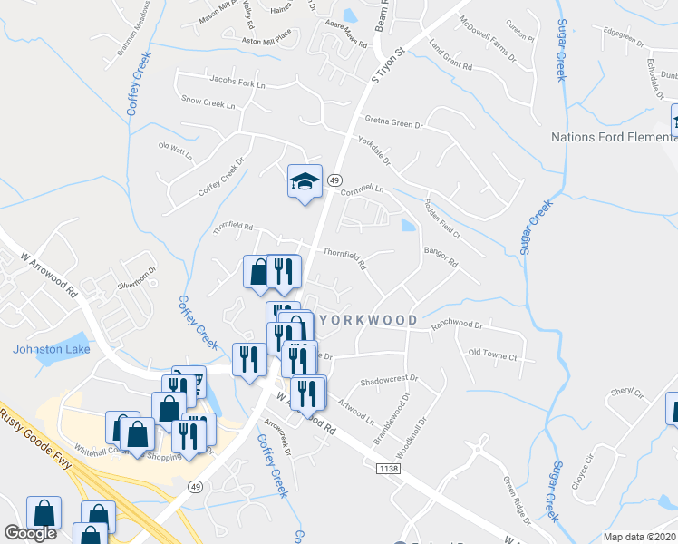 map of restaurants, bars, coffee shops, grocery stores, and more near 2214 Yorkhills Drive in Charlotte