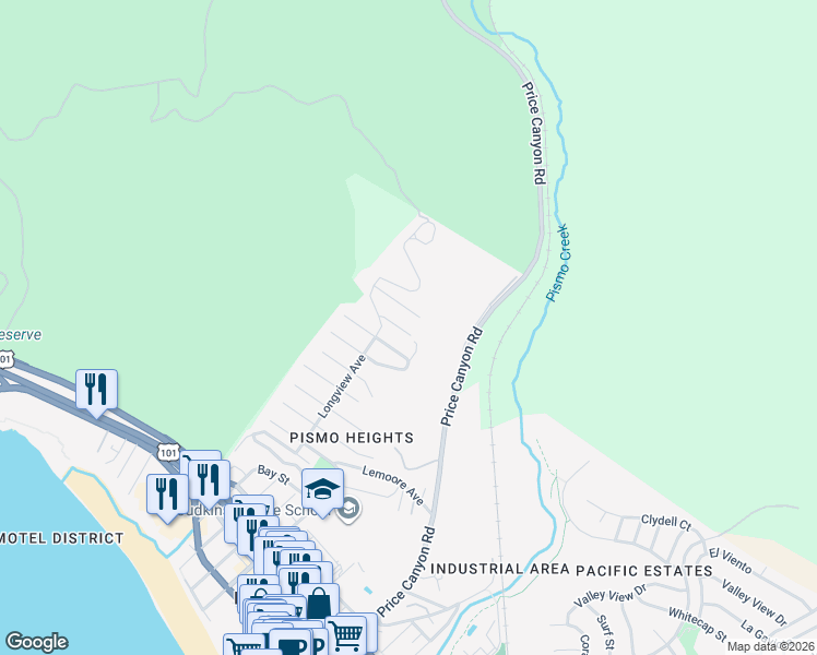 map of restaurants, bars, coffee shops, grocery stores, and more near 848 Delano Street in Pismo Beach