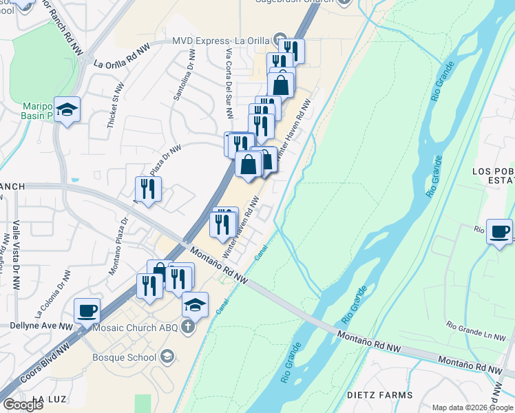 map of restaurants, bars, coffee shops, grocery stores, and more near 6120 Deergrass Circle Northwest in Albuquerque
