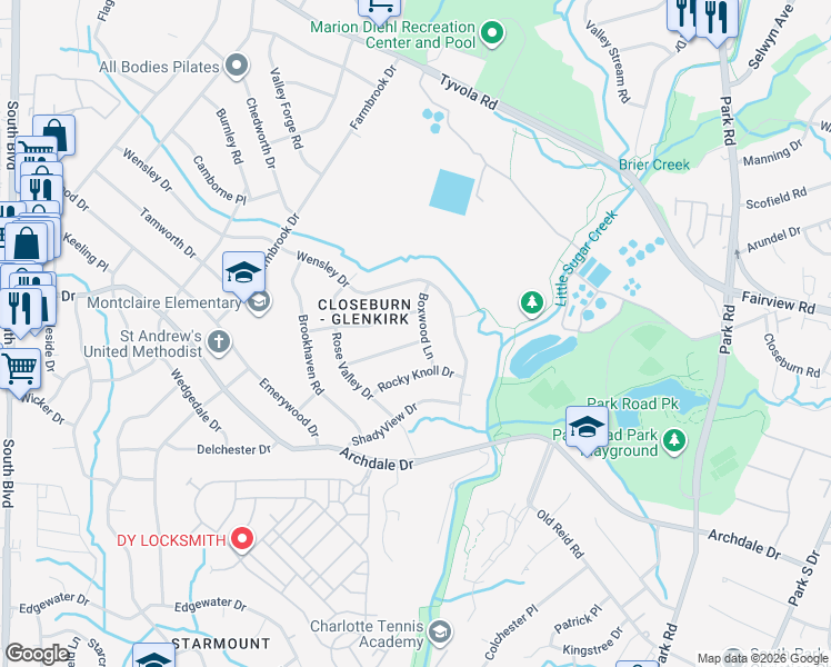 map of restaurants, bars, coffee shops, grocery stores, and more near 2234 Collingdale Place in Charlotte