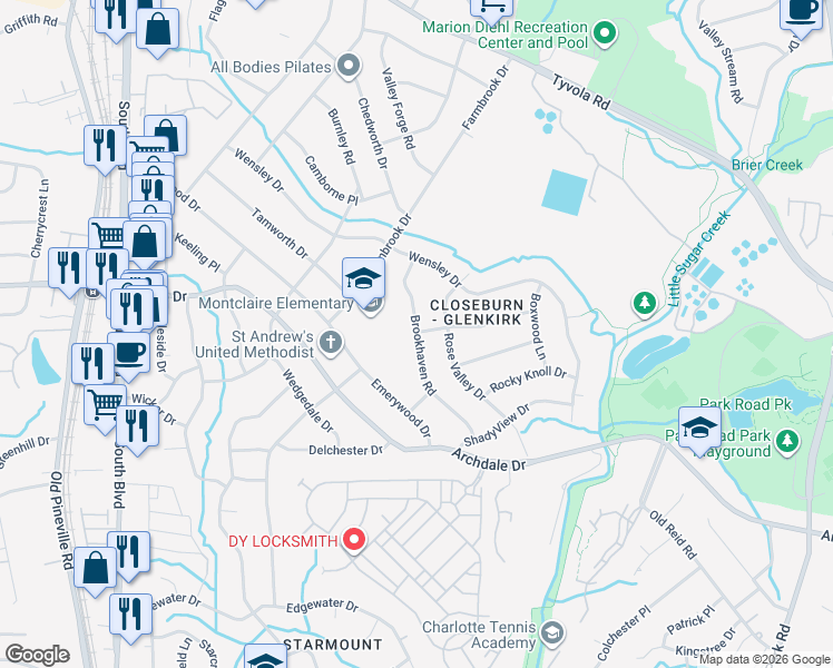 map of restaurants, bars, coffee shops, grocery stores, and more near 5908 Brookhaven Road in Charlotte