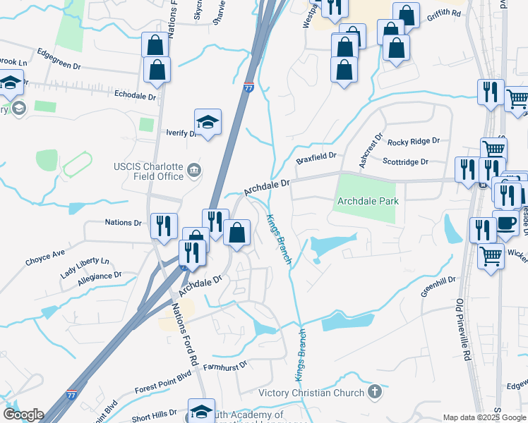 map of restaurants, bars, coffee shops, grocery stores, and more near 626 Archdale Drive in Charlotte