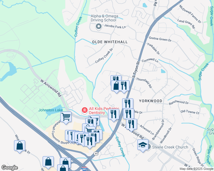 map of restaurants, bars, coffee shops, grocery stores, and more near 7543 Fallow Lane in Charlotte