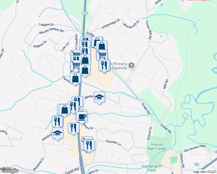 map of restaurants, bars, coffee shops, grocery stores, and more near 734 Wood Grove Circle in Chattanooga