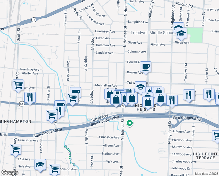 map of restaurants, bars, coffee shops, grocery stores, and more near 692 Hudson Street in Memphis