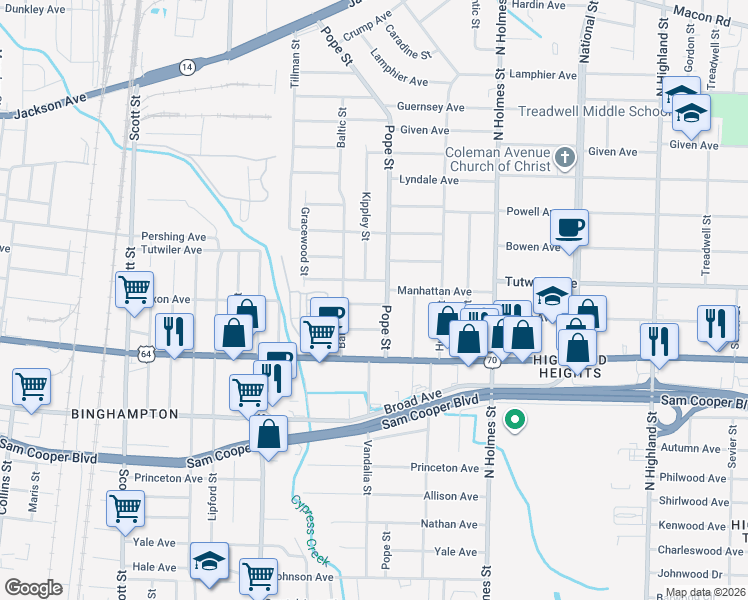 map of restaurants, bars, coffee shops, grocery stores, and more near 3133 Pacific Avenue in Memphis