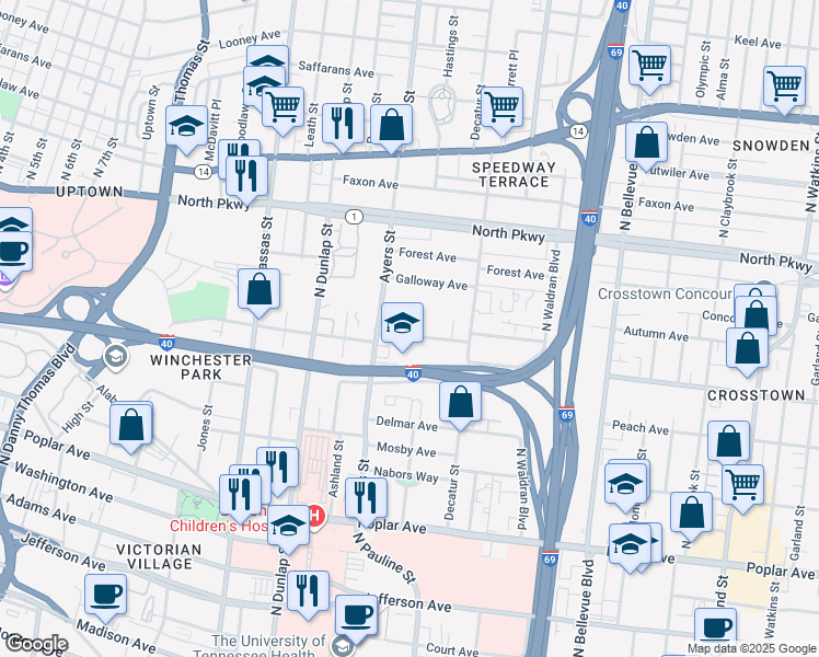 map of restaurants, bars, coffee shops, grocery stores, and more near 943 J W Williams Lane in Memphis