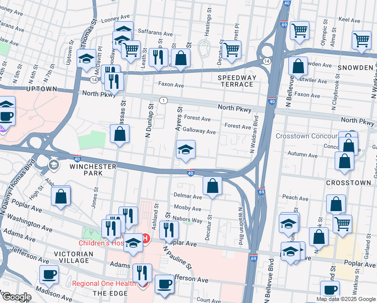 map of restaurants, bars, coffee shops, grocery stores, and more near 943 J W Williams Lane in Memphis