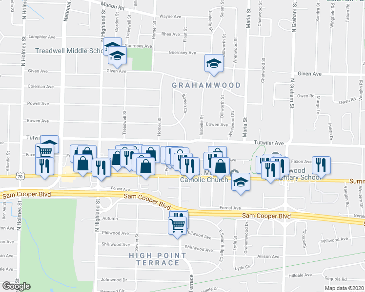 map of restaurants, bars, coffee shops, grocery stores, and more near 3717 Tutwiler Avenue in Memphis