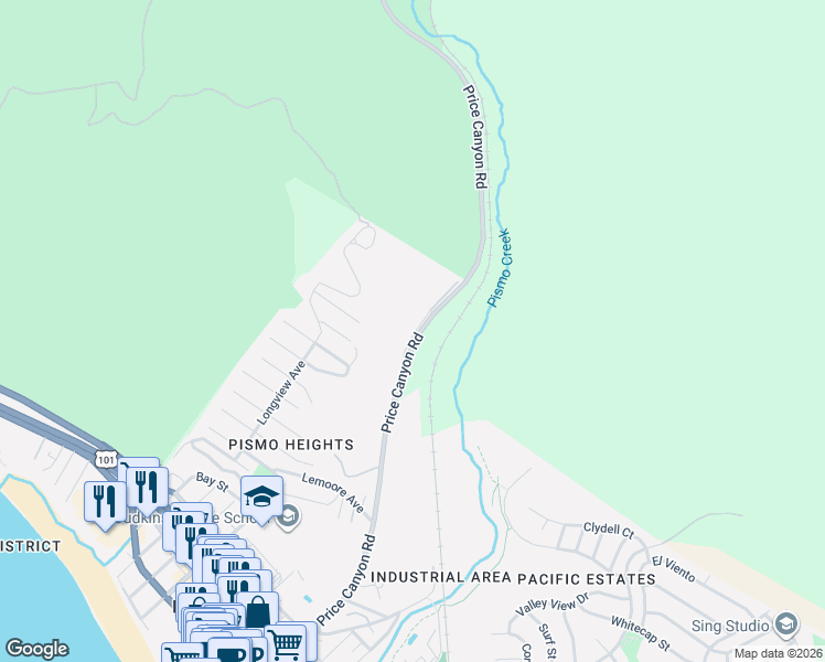 map of restaurants, bars, coffee shops, grocery stores, and more near 1017 Canyon Lane in Pismo Beach