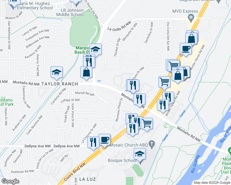 map of restaurants, bars, coffee shops, grocery stores, and more near 4615 Taylor Ridge Road Northwest in Albuquerque