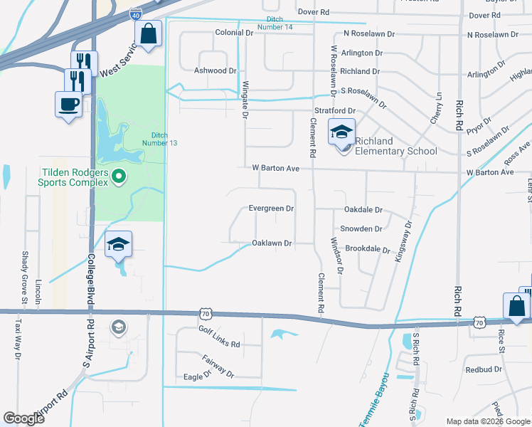 map of restaurants, bars, coffee shops, grocery stores, and more near 405 Cedar Chase Drive in West Memphis