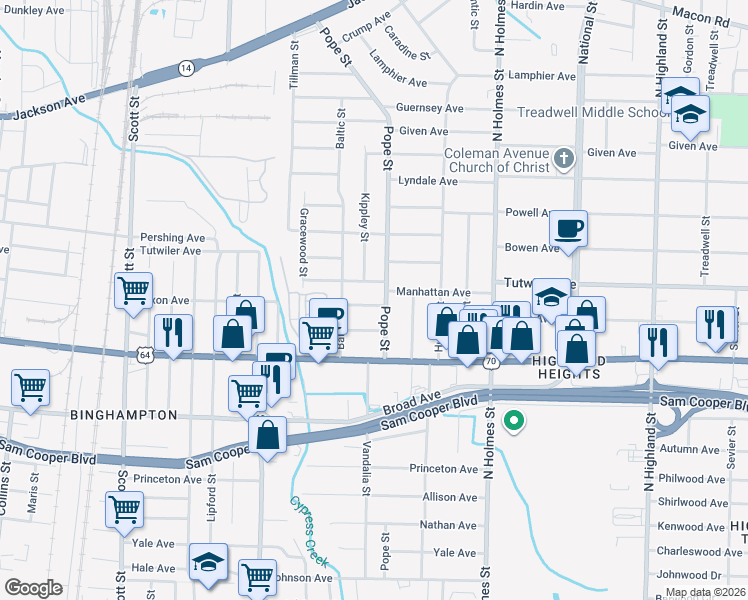 map of restaurants, bars, coffee shops, grocery stores, and more near 3133 Pacific Avenue in Memphis
