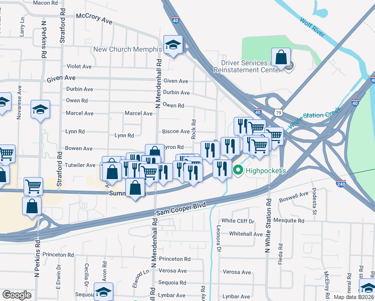 map of restaurants, bars, coffee shops, grocery stores, and more near 733 Rock Road in Memphis