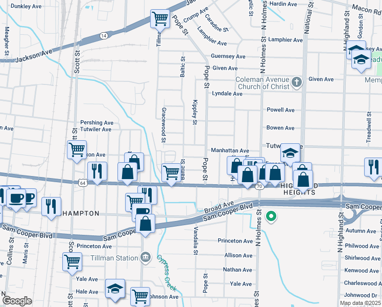 map of restaurants, bars, coffee shops, grocery stores, and more near 3133 Pacific Avenue in Memphis