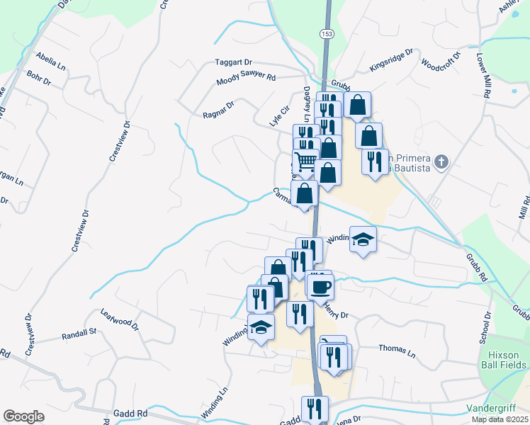 map of restaurants, bars, coffee shops, grocery stores, and more near Oyler Lane in Chattanooga