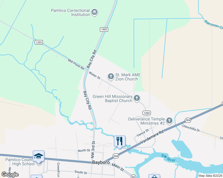 map of restaurants, bars, coffee shops, grocery stores, and more near 512 Water Street in Bayboro
