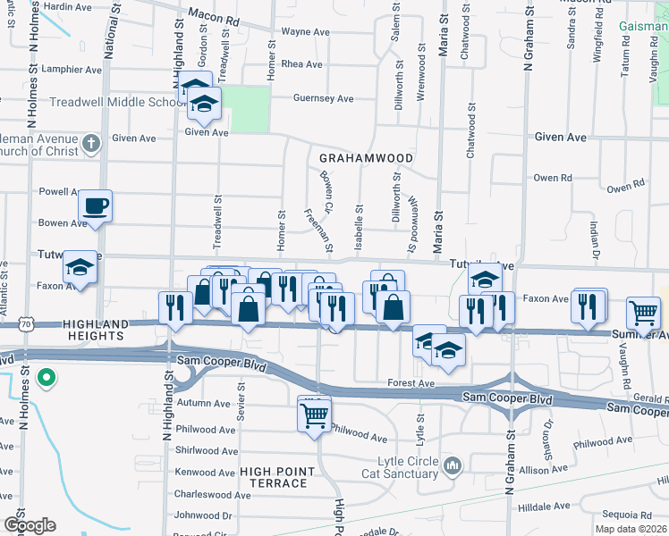 map of restaurants, bars, coffee shops, grocery stores, and more near 3725 Tutwiler Avenue in Memphis