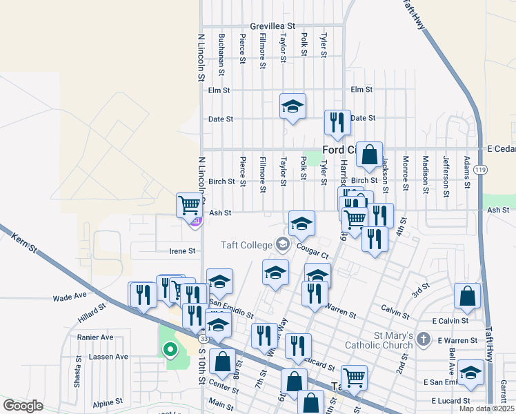 map of restaurants, bars, coffee shops, grocery stores, and more near 729 Ash Street in Taft