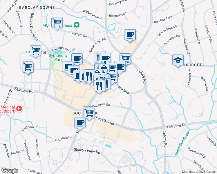 map of restaurants, bars, coffee shops, grocery stores, and more near 4421 Sharon Road in Charlotte