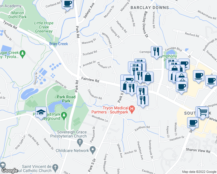 map of restaurants, bars, coffee shops, grocery stores, and more near 3317 Old Closeburn Court in Charlotte