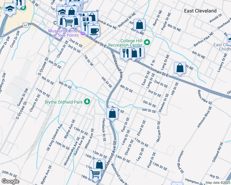 map of restaurants, bars, coffee shops, grocery stores, and more near 745 Wildwood Avenue Southeast in Cleveland
