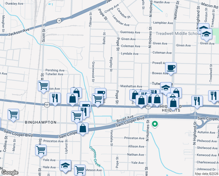 map of restaurants, bars, coffee shops, grocery stores, and more near 3133 Pacific Avenue in Memphis