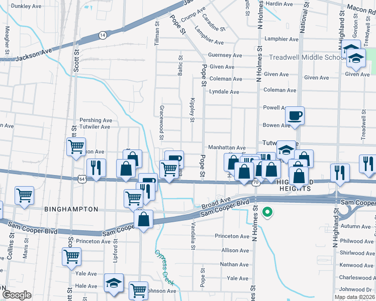 map of restaurants, bars, coffee shops, grocery stores, and more near 3133 Pacific Avenue in Memphis