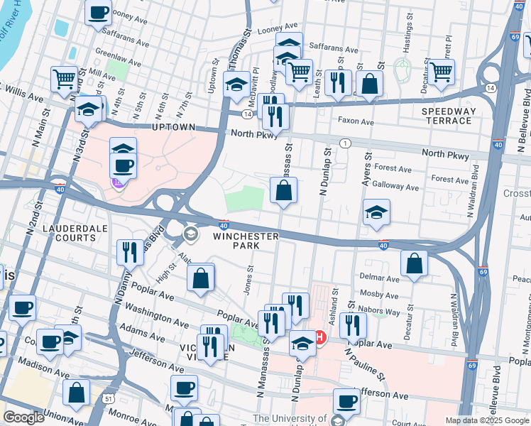 map of restaurants, bars, coffee shops, grocery stores, and more near in Memphis