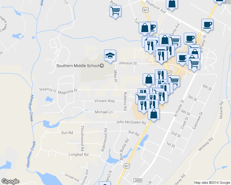 map of restaurants, bars, coffee shops, grocery stores, and more near 807 Magnolia Drive in Aberdeen